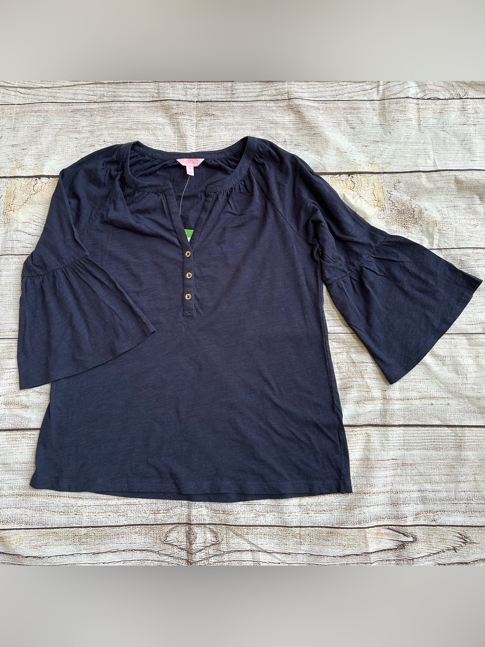 NWT Lilly Pulitzer Navy Blue Bell Sleeve Slub Knit V-neck Top Ladies Sz M
